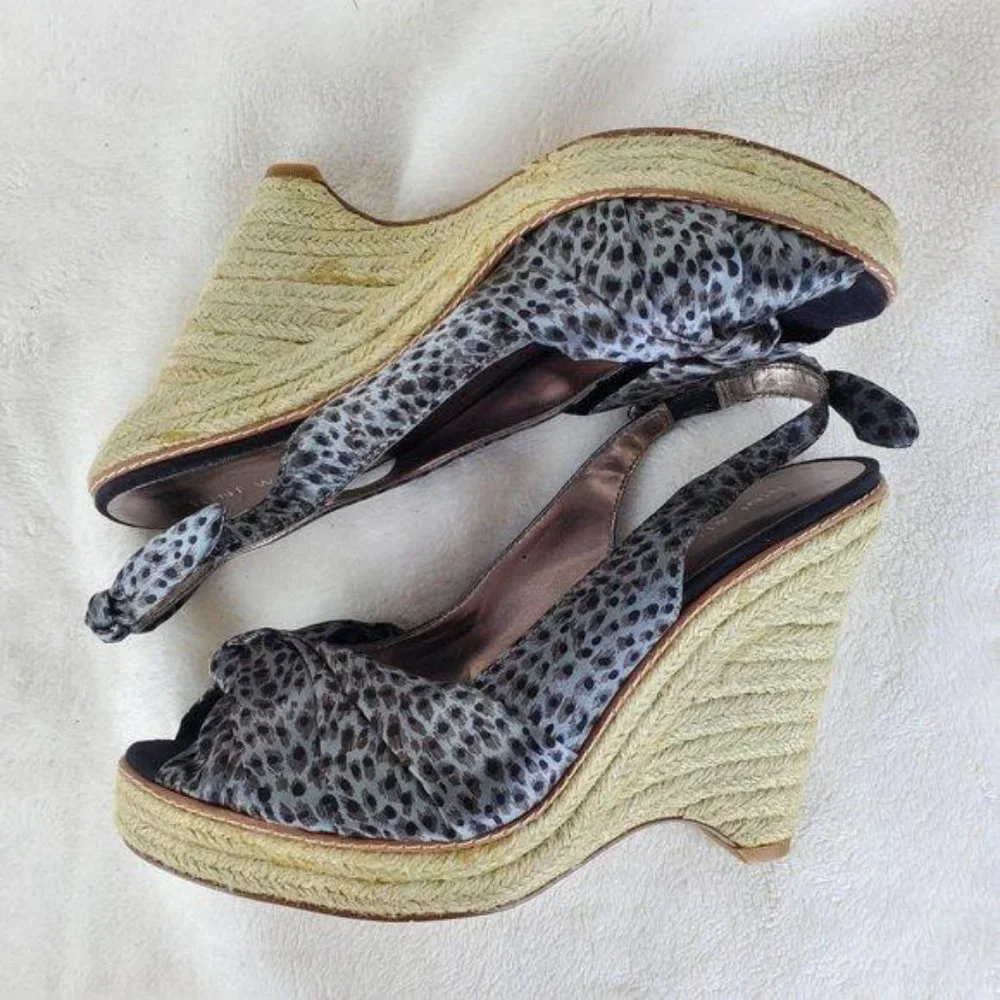 Nine West Grey Satin Animal Print Bow Slingback Platform Espadrille Shoes 10M